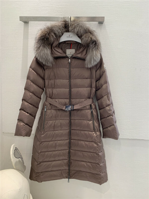 moncler fur collar hooded mid length down jacket
