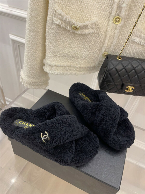 chanel cc cross strap lambswool slippers