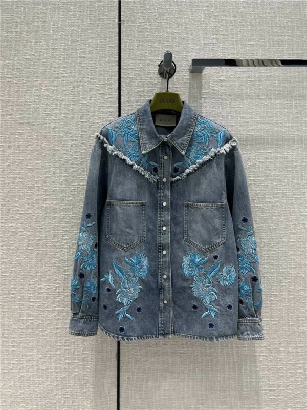 gucci embroidered floral long sleeve denim shirt jacket