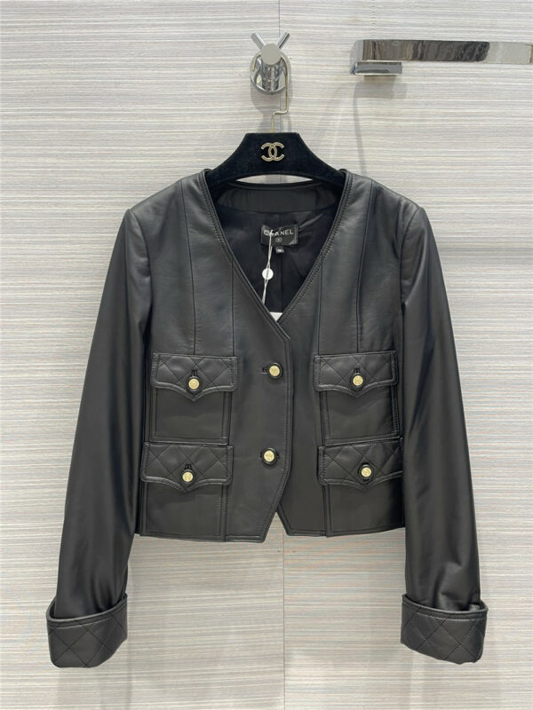 chanel vintage v-neck four-pocket leather jacket