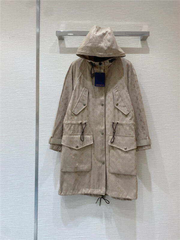 louis vuitton lv classic print logo hooded trench coat
