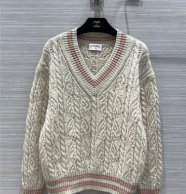 chanel V-neck cable-cord cashmere sweater