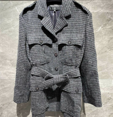 chanel dark grey checked houndstooth coat