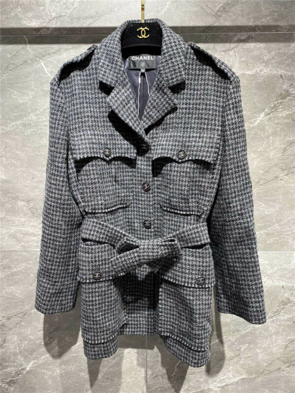 chanel dark grey checked houndstooth coat