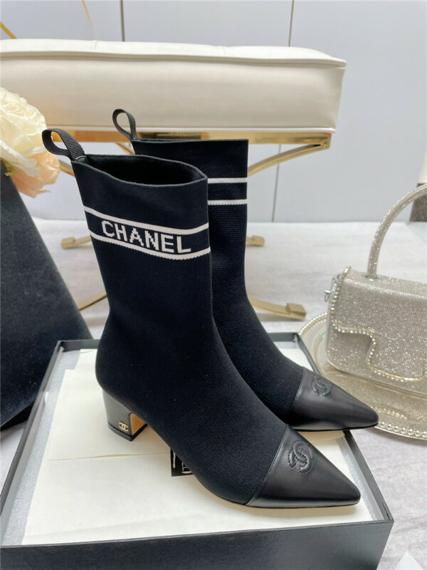 chanel logo pointed toe chunky heel ankle boots