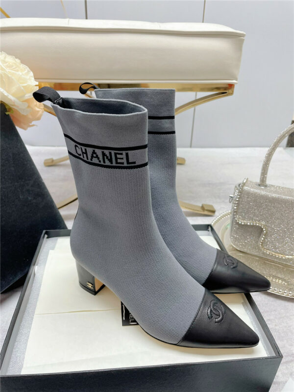 chanel logo pointed toe chunky heel ankle boots