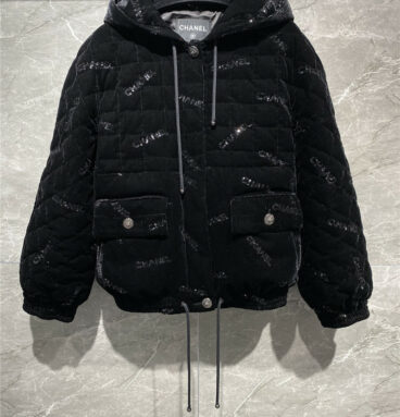 chanel hooded sequin down jacket