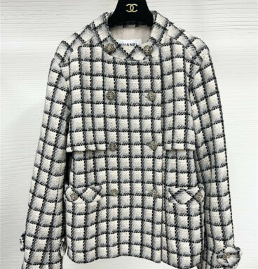 chanel wool black and white checked tweed coat