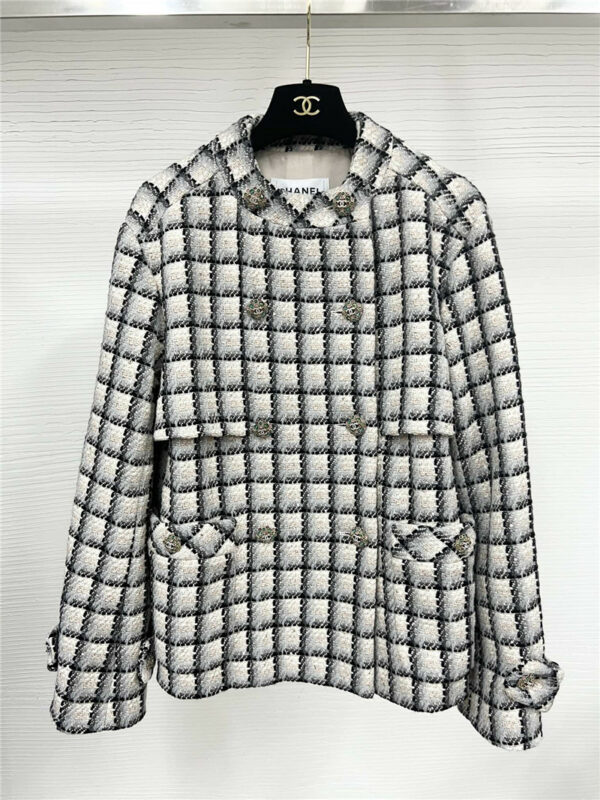 chanel wool black and white checked tweed coat