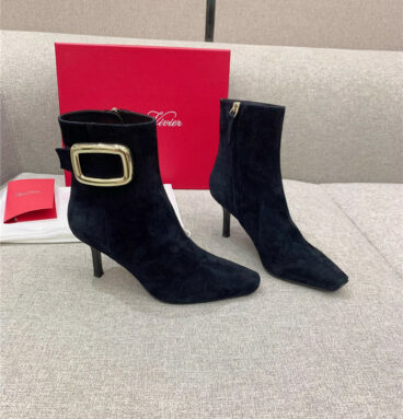 roger vivier square buckle high heel ankle boots