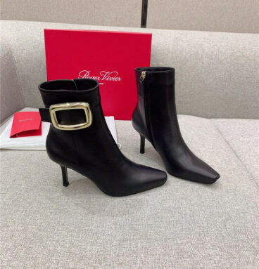roger vivier square buckle high heel ankle boots