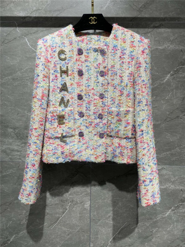 chanel double breasted multicolored tweed coat