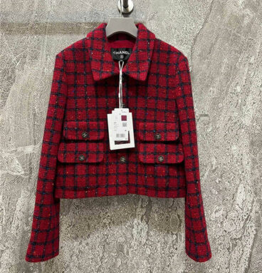 chanel red checked tweed coat