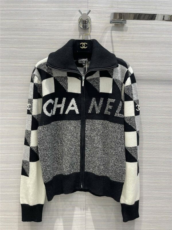 chanel checkerboard zipper wool knitted jacket