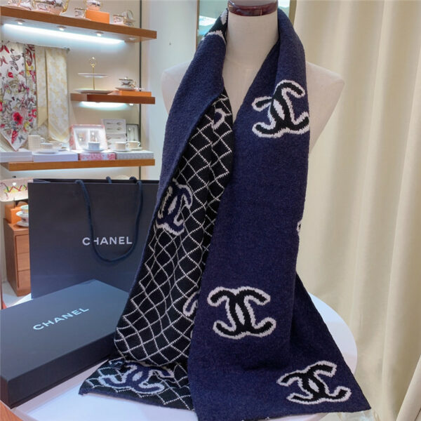 chanel logo reversible wool scarf