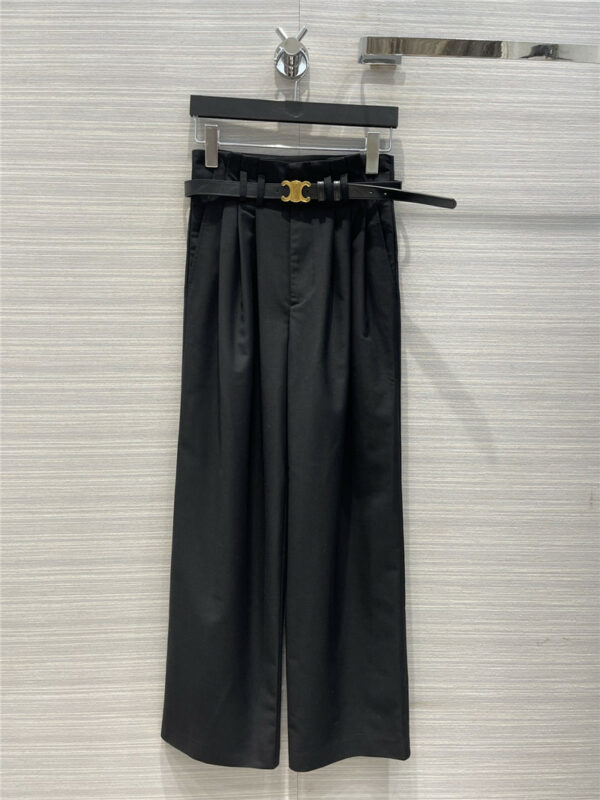 celine metal buckle leather belt straight-leg trousers