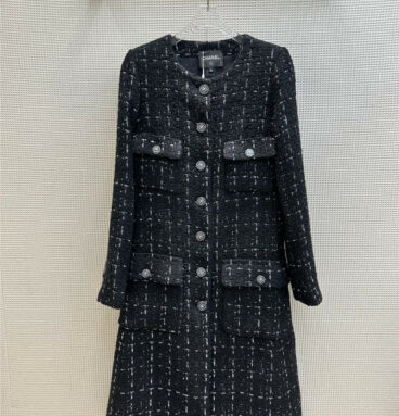 chanel round neck long woven tweed coat
