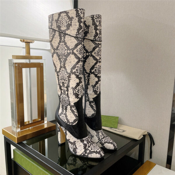 gucci high heel python print boots
