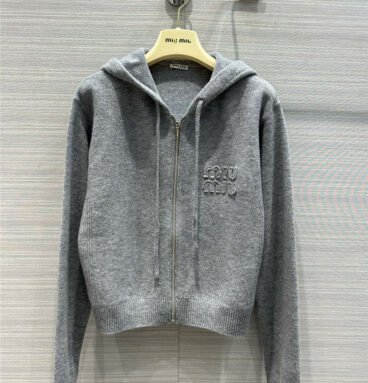 miumiu lettering logo wool hooded zip coat