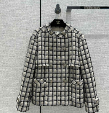 chanel woven wool crewneck double-breasted coat
