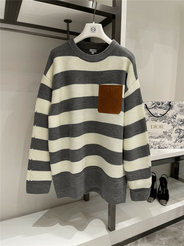 loewe round neck striped leather logo sweater
