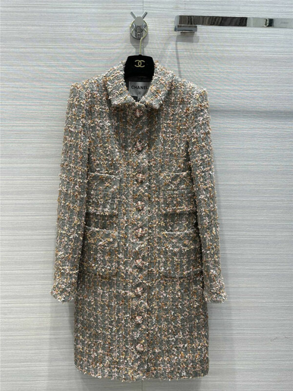 Chanel gray pink plaid tweed long coat