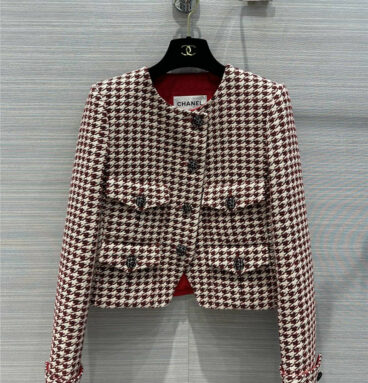 chanel red houndstooth woven tweed coat
