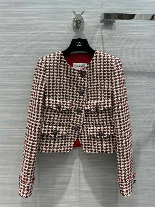 chanel red houndstooth woven tweed coat