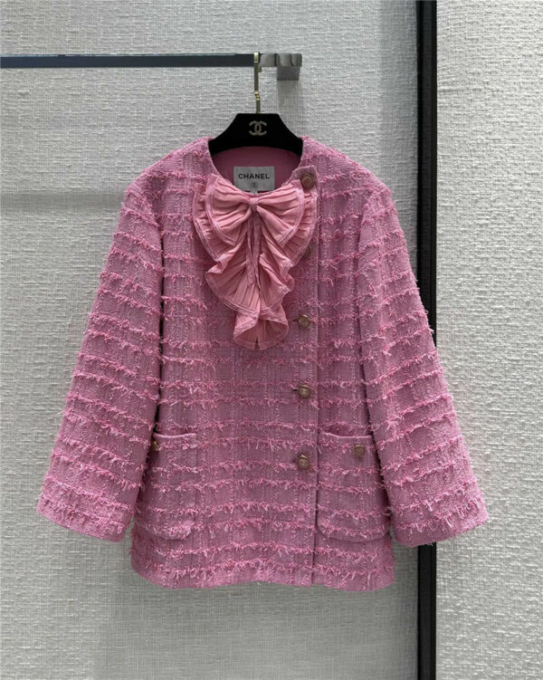chanel pink bow woven tweed coat