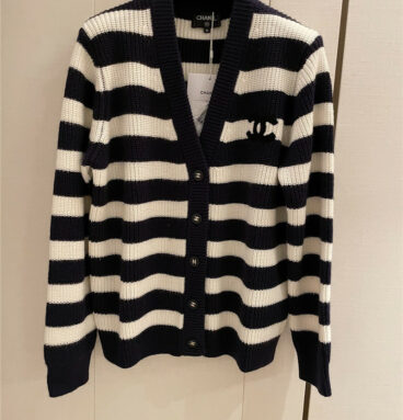 Chanel logo blue and white striped cardigan