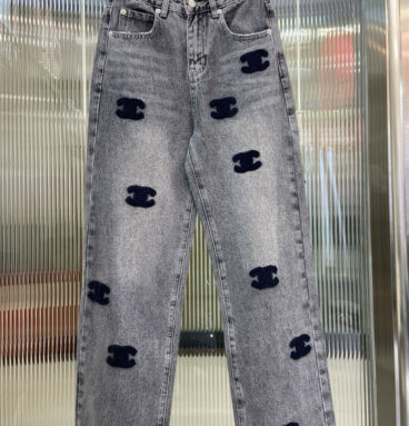 Chanel embroidered straight denim trousers