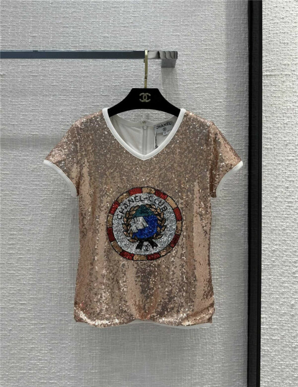 chanel silver sequin badge small top