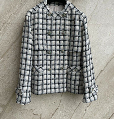 Chanel gray grid double breasted coat coat