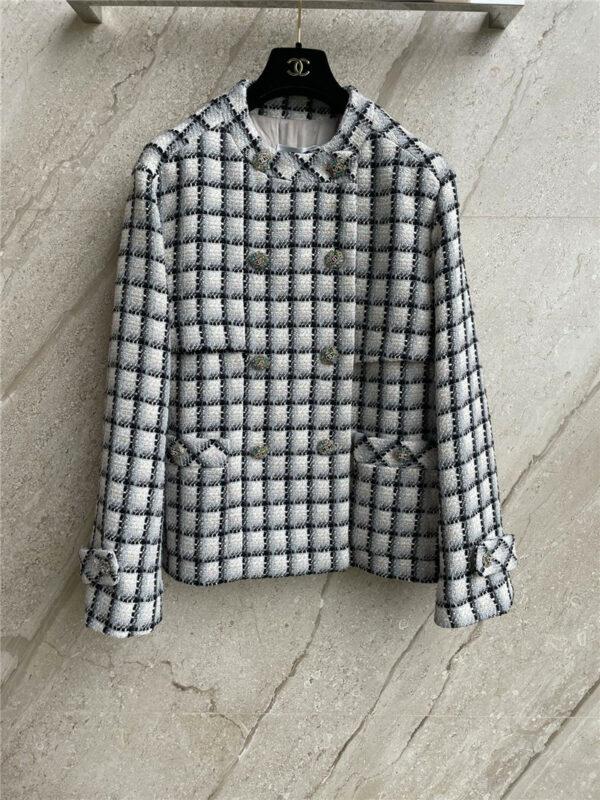 Chanel gray grid double breasted coat coat