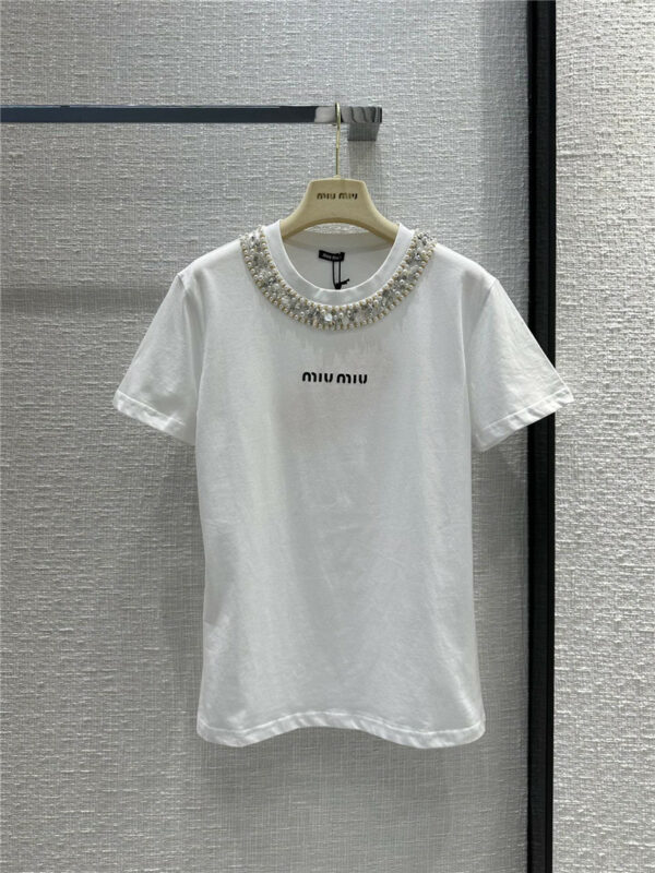 miumiu pearl and diamond collar short-sleeved T-shirt