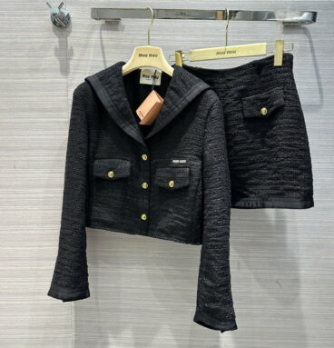 miumiu navy style shawl collar design jacket + skirt suit
