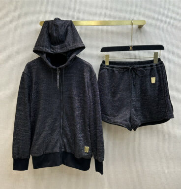 louis vuitton LV silver glossy hooded jacket + shorts