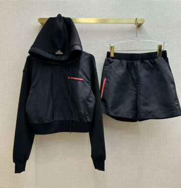 prada hooded top + elastic shorts set