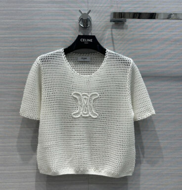 celine hollow crochet slimming knitted top