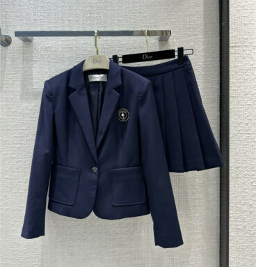 Dior college style blue suit jacket with pleated skirt
