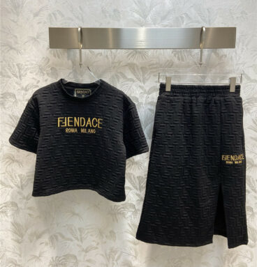 fendi embossed print short sleeve + skirt suit
