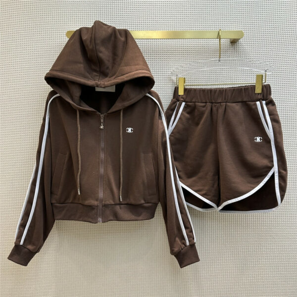 celine hooded short coat + elastic shorts set