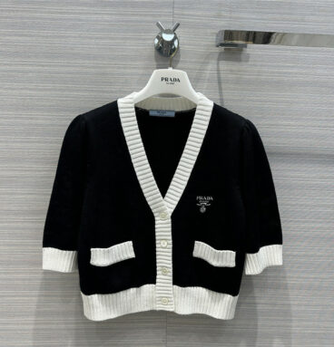 prada color contrast slim cropped knitted cardigan