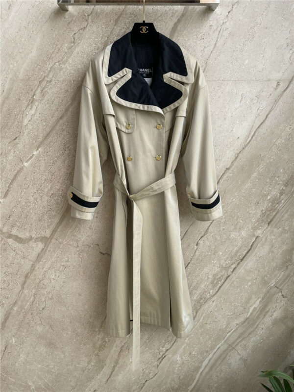 chanel retro style classic beige black trench coat