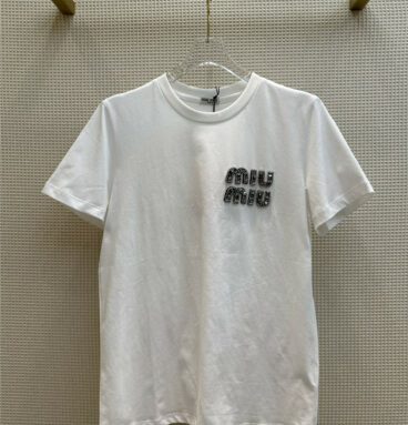 miumiu rhinestone letter logo embellished T-shirt