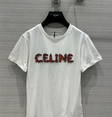 celine letter print crystal diamond T-shirt