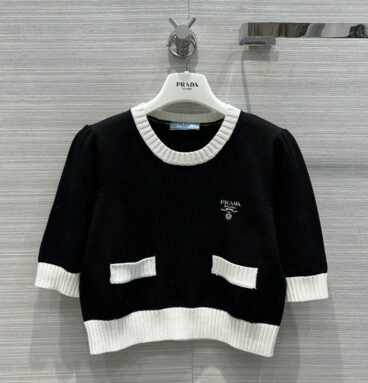 prada color contrast slim cropped knitted top