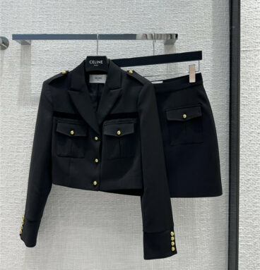 celine lapel safari jacket + A-line skirt suit