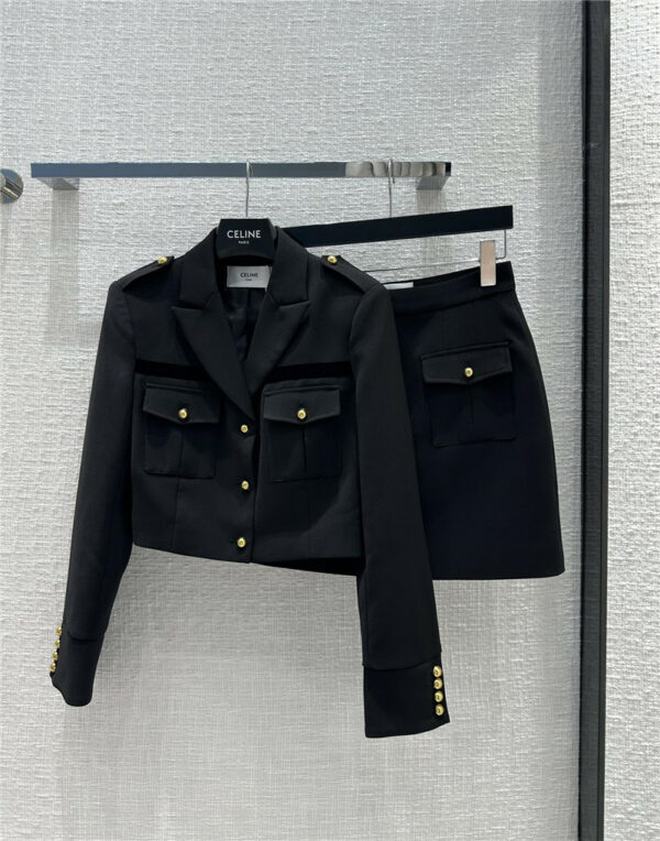 celine lapel safari jacket + A-line skirt suit