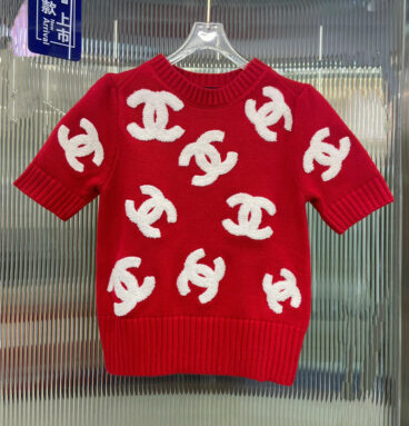 chanel color contrast knitted short sleeve sweater